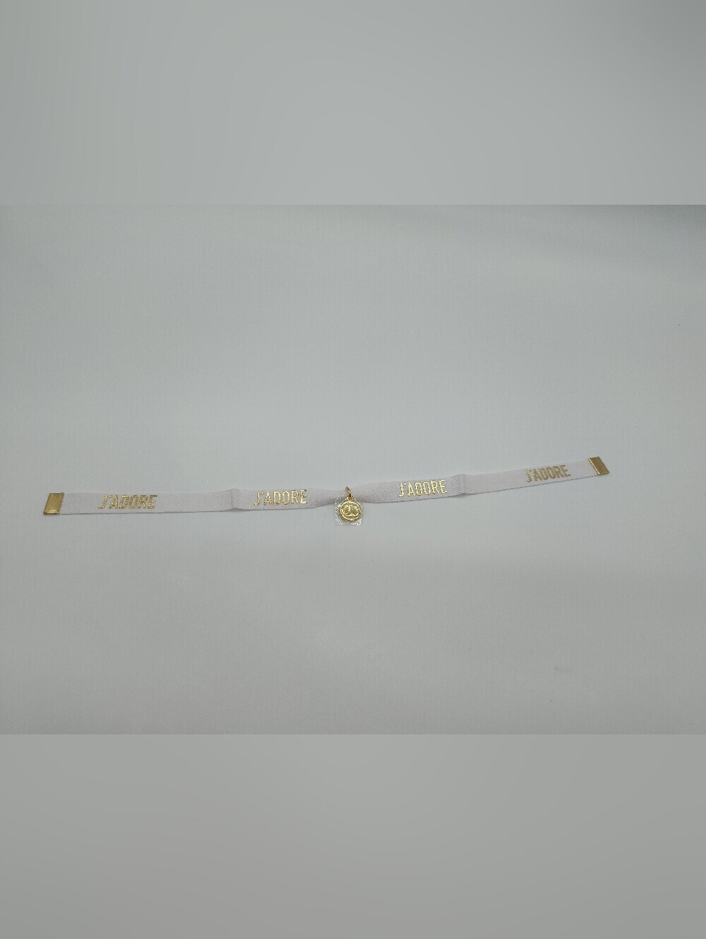 CHRISTIAN DIOR J’ADORE Ribbon Bracelet Gold CD Charm White Cotton NIP - Picture 3 of 7